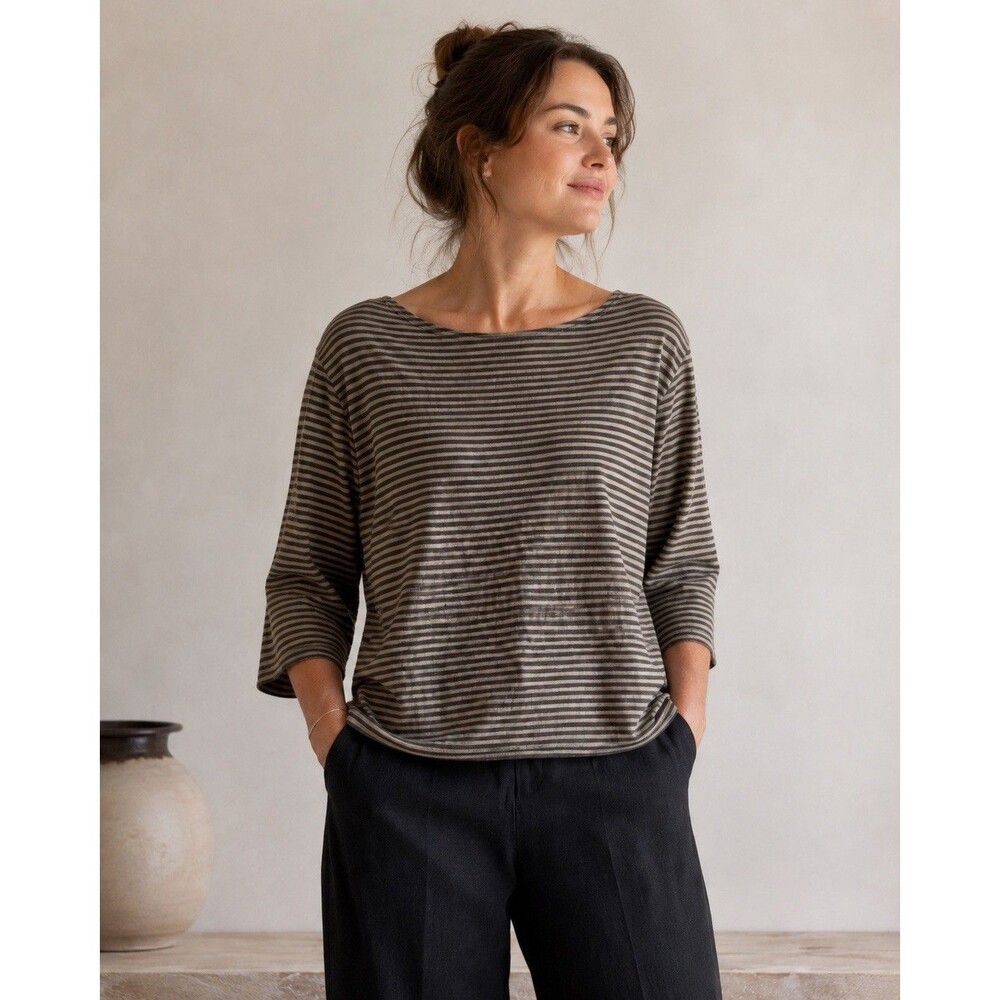 Cut Loose XL Striped Tencel Cotton Top 3/4 Sleeve Made USA Brown Taupe